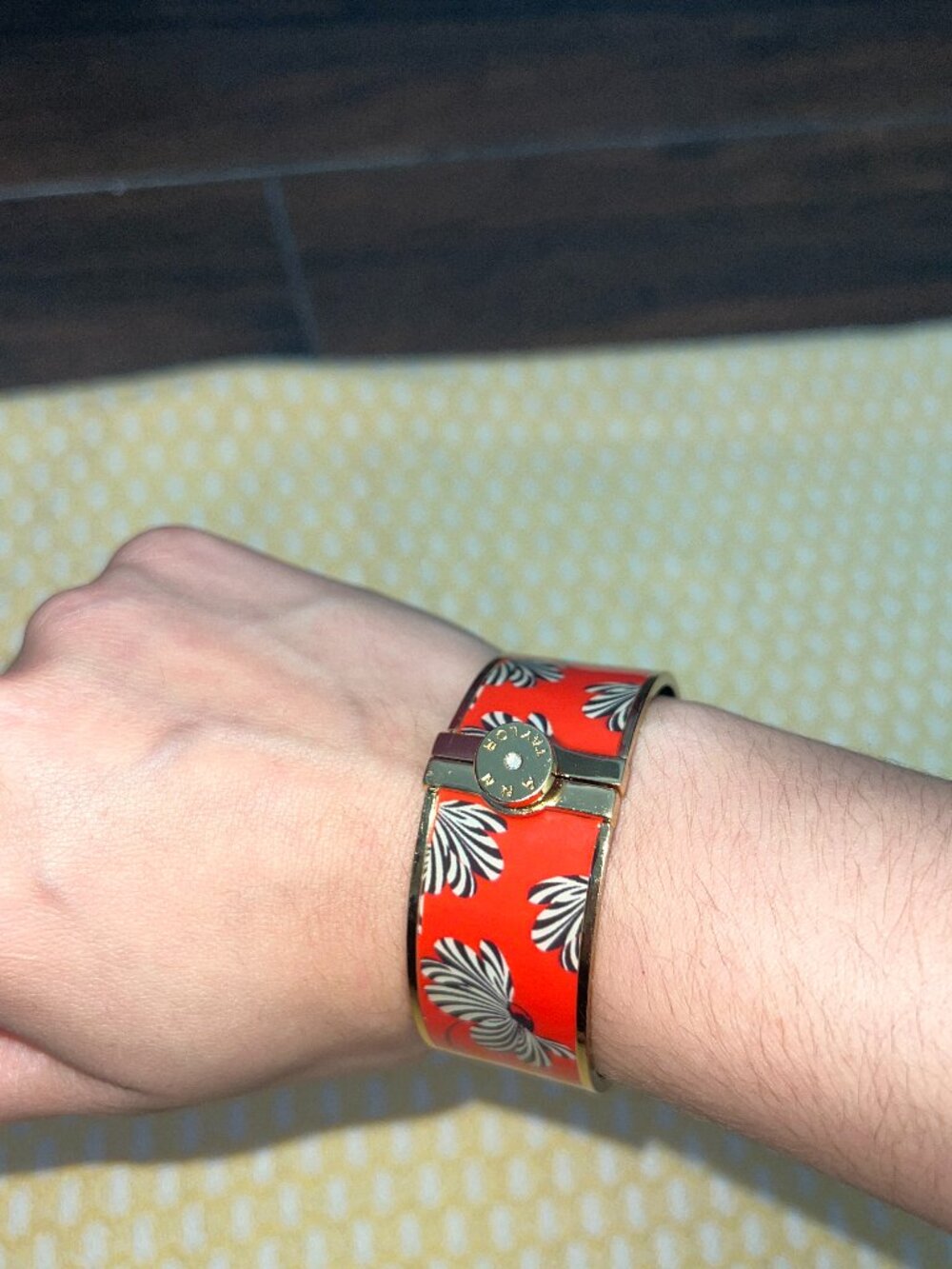 Ann Taylor Bright Orange Floral Enamel Gold Hinged Cuff Bracelet